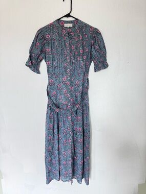 Erica Wilson Nantucket Burton Front Short Sleeve Floral Dress Blue Pink size XS